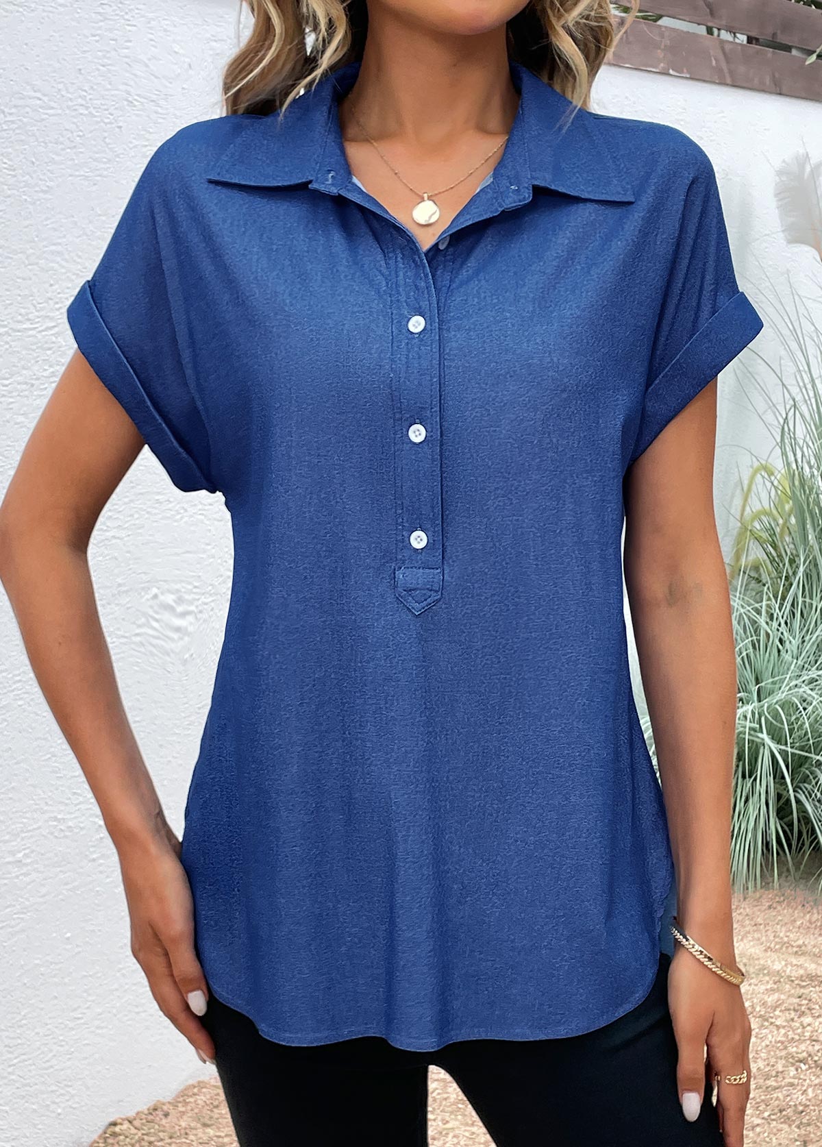 Kurzärmlige Bluse mit Rotita-Knöpfen Denimblau Hemdkragen