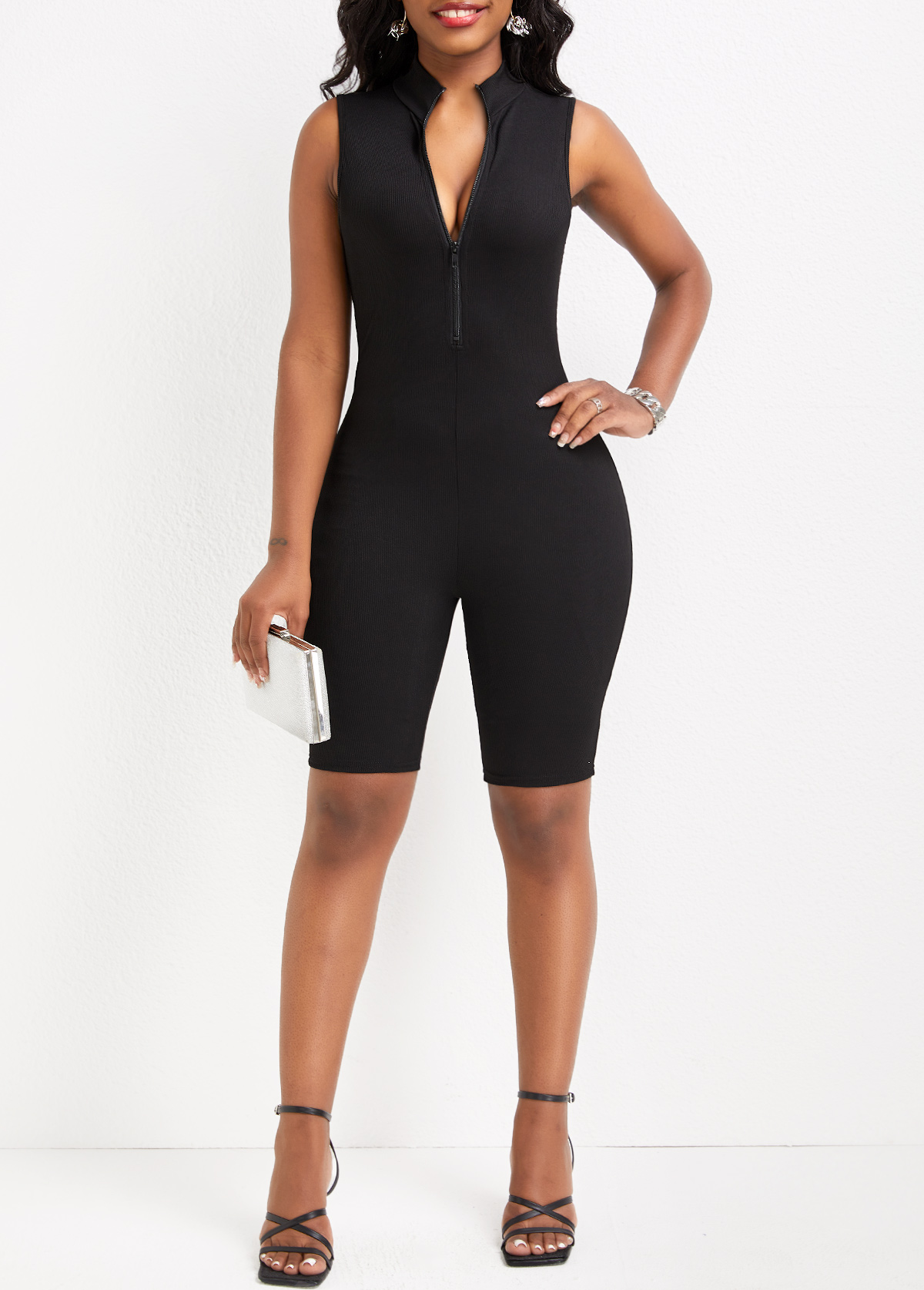 Black jumpsuits & rompers,Plain Color jumpsuits & rompers,Zipper Black Short Skinny Sleeveless Romper