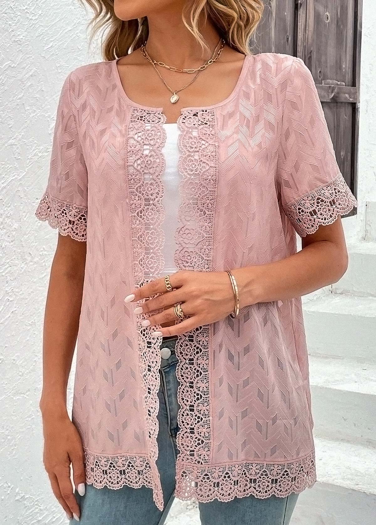 ROTITA Lace Pink Round Neck Short Sleeve Topper