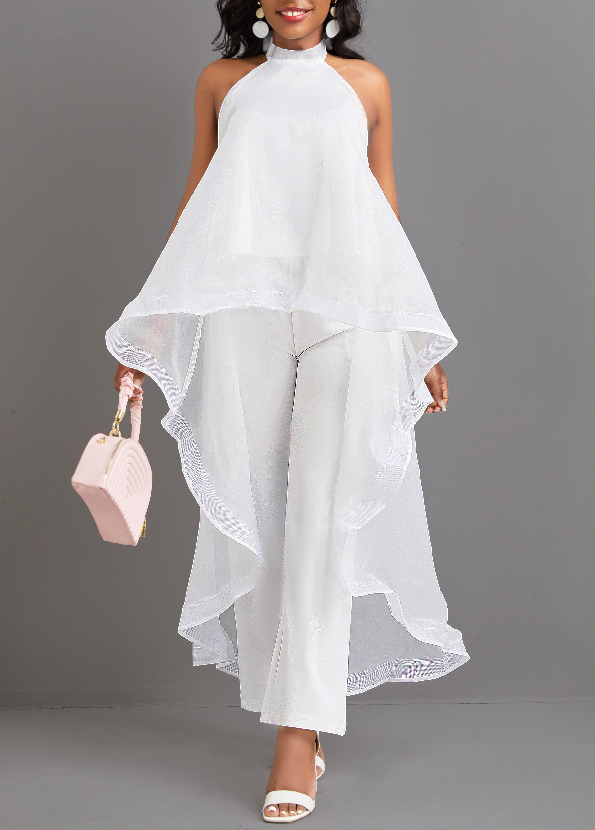 Tie White Ankle Length Lace Up Collar Top and Pants