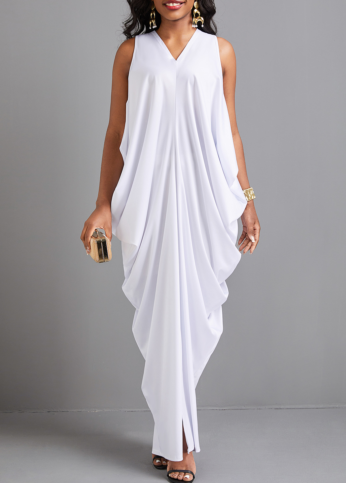 ROTITA Split White O Shape V Neck Maxi Dress