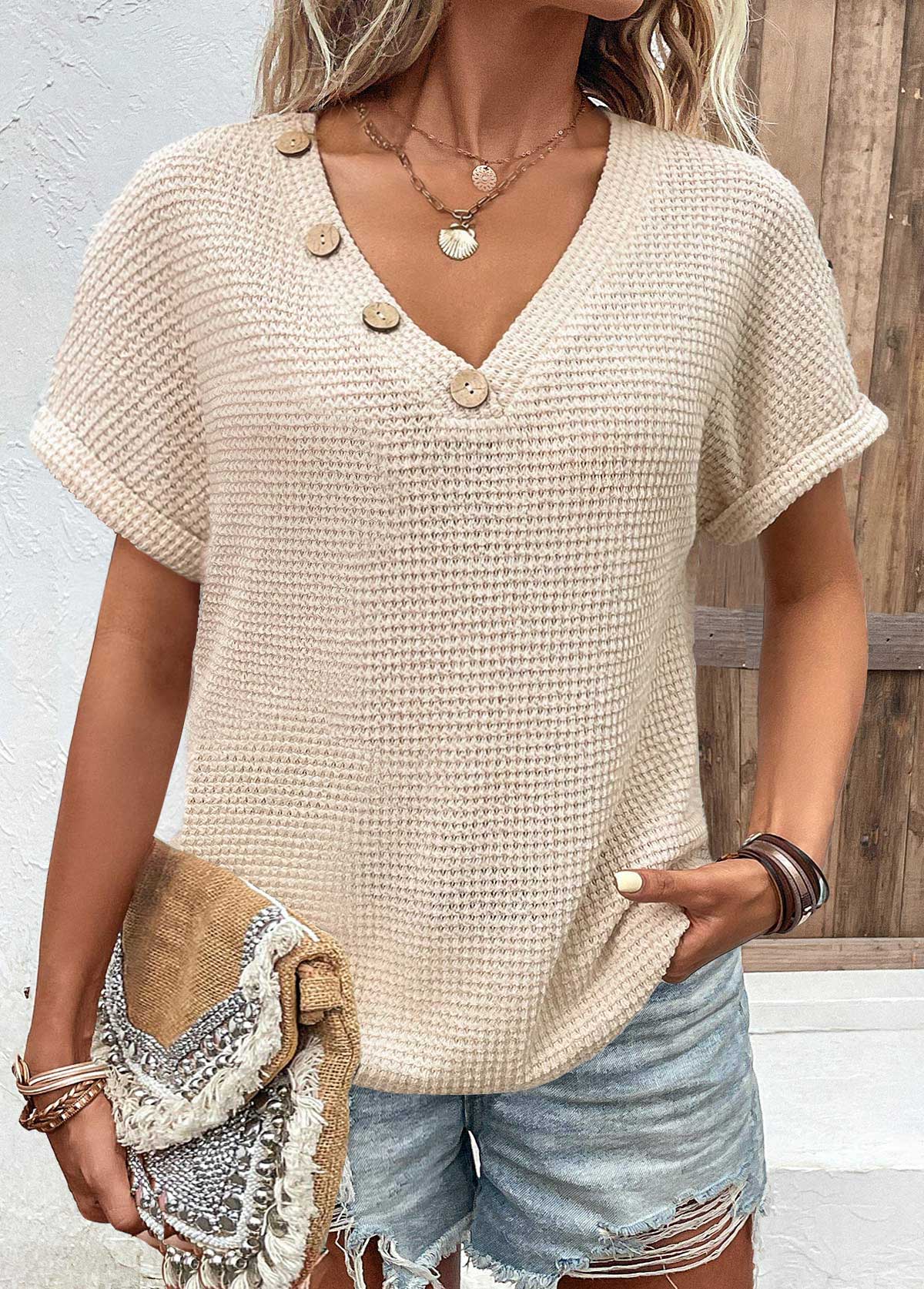 ROTITA Button Beige V Neck Short Sleeve T Shirt