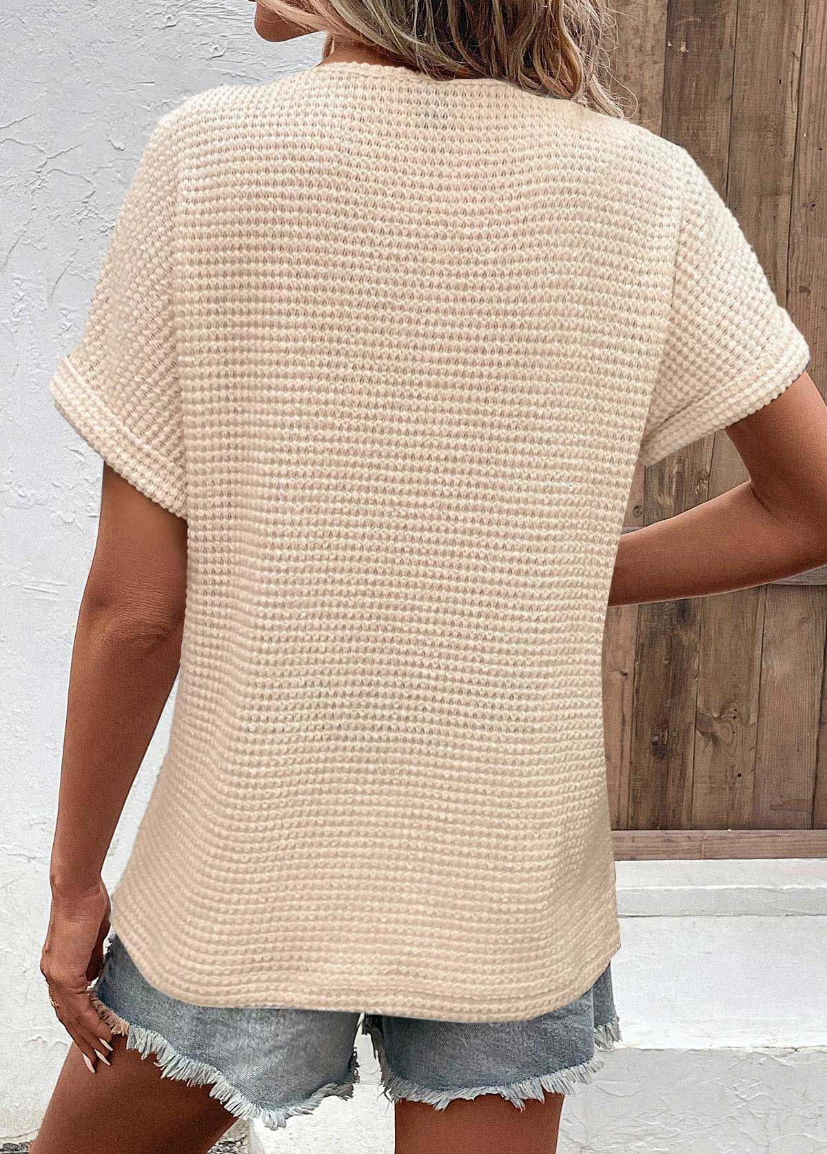 Beige tops,Plain Color tops,ROTITA Button Beige V Neck Short Sleeve T Shirt