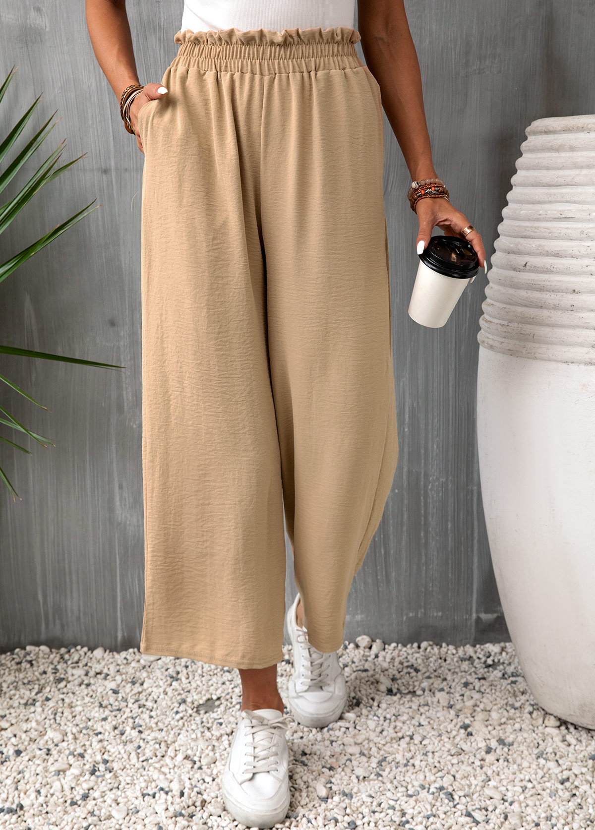 Light Camel bottoms,Plain Color bottoms,Pocket Light Camel Elastic Waist High Waisted Pants