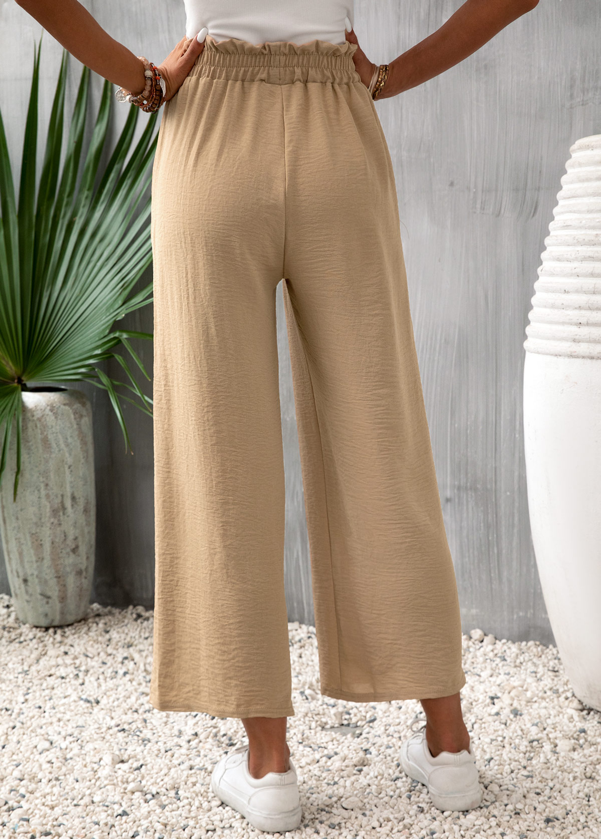 Light Camel bottoms,Plain Color bottoms,Pocket Light Camel Elastic Waist High Waisted Pants