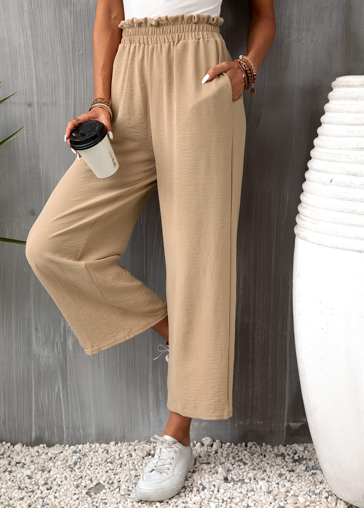 Light Camel bottoms,Plain Color bottoms,Pocket Light Camel Elastic Waist High Waisted Pants
