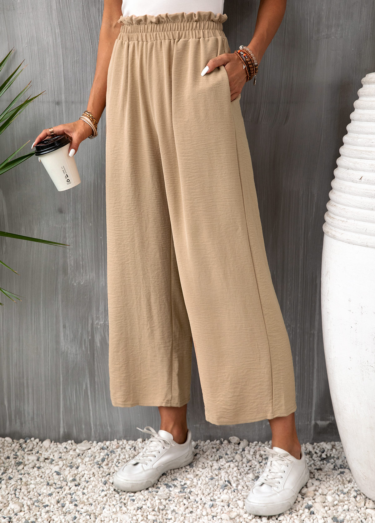 Light Camel bottoms,Plain Color bottoms,Pocket Light Camel Elastic Waist High Waisted Pants