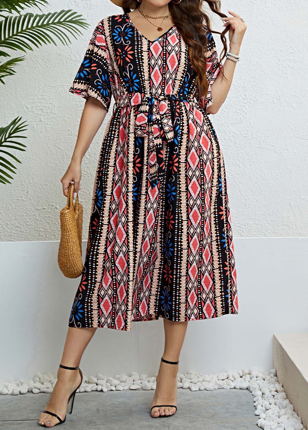 Plus Size Tie Multi Color Belted Dress