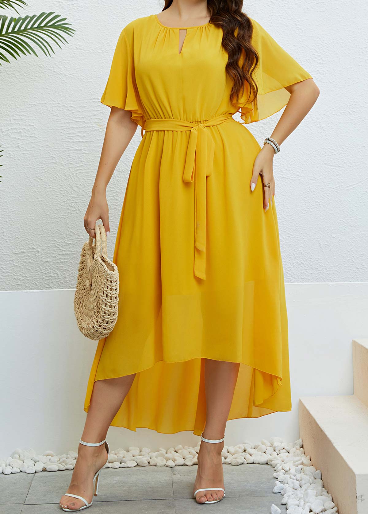 Plus Size Button Yellow Belted High Low Dress