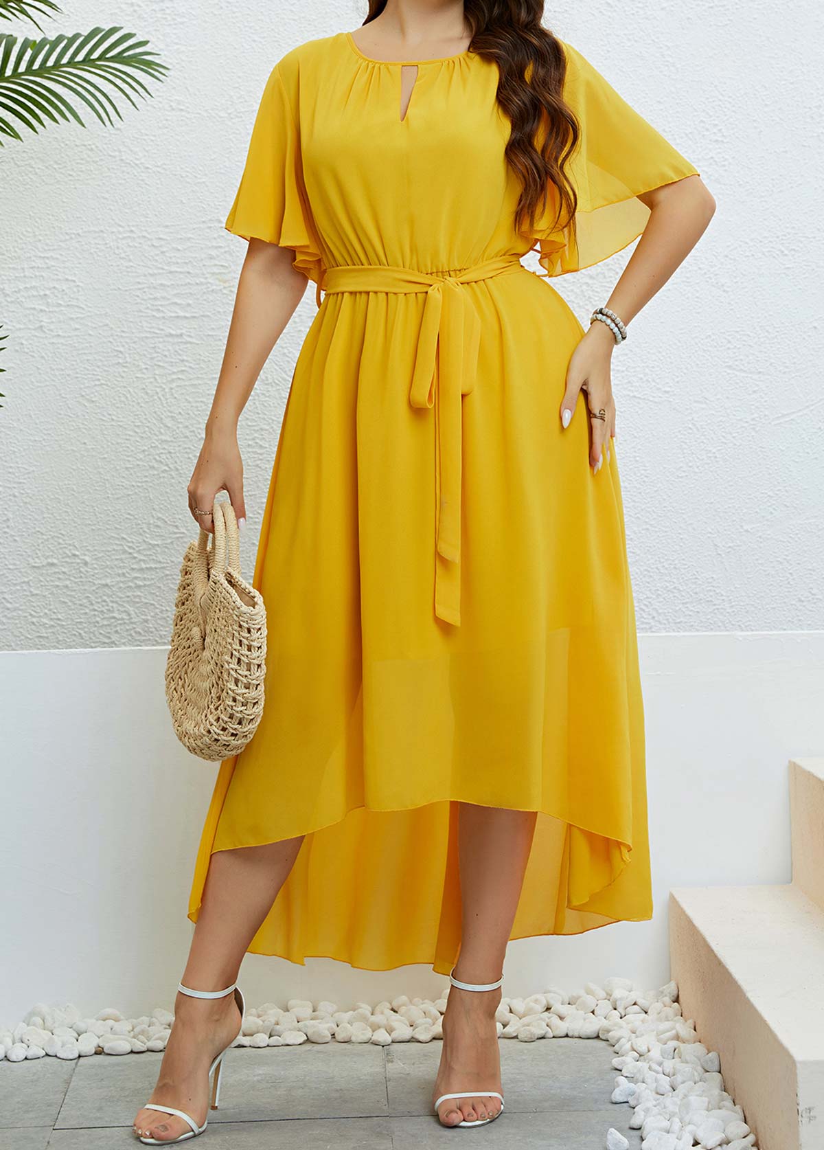 Robe Haute Basse Jaune Boutonnée à Ceinture de Grande Taille