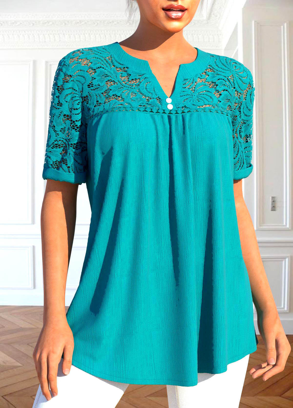 Turquoise tops,Plain Color tops,ROTITA Patchwork Turquoise Split Neck Short Sleeve Blouse