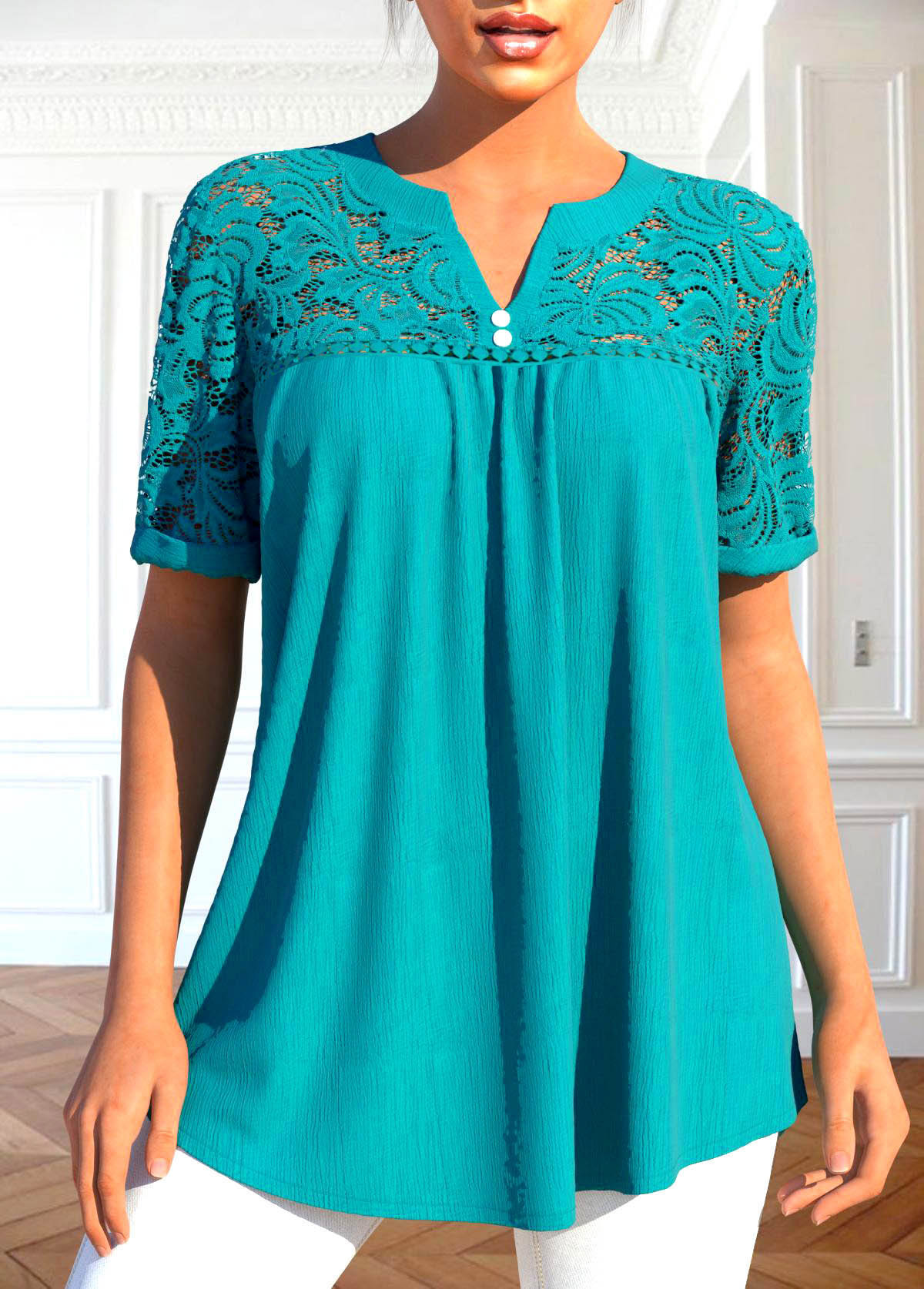 Turquoise tops,Plain Color tops,ROTITA Patchwork Turquoise Split Neck Short Sleeve Blouse