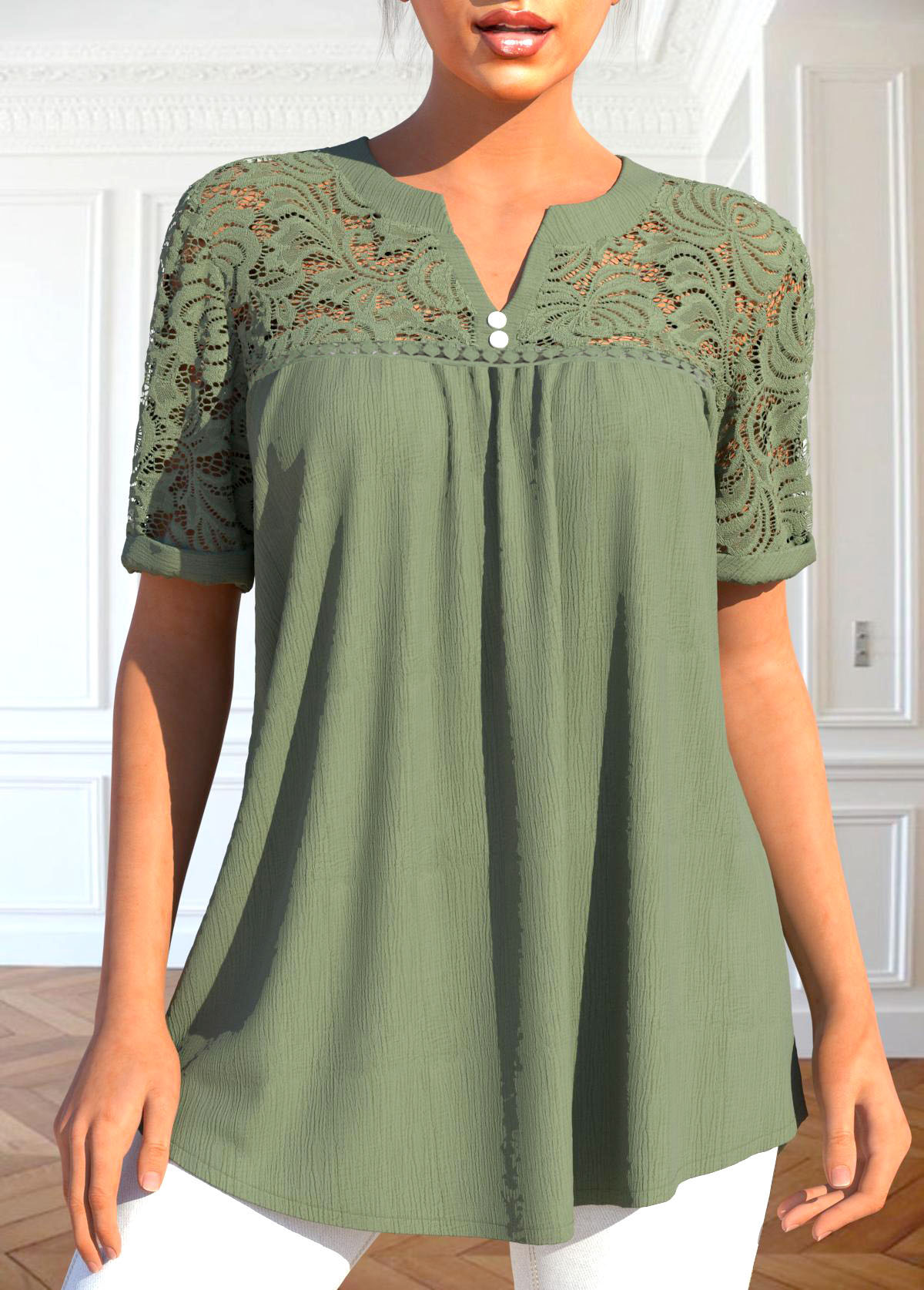 Sage Green tops,Plain Color tops,ROTITA Patchwork Sage Green Split Neck Short Sleeve Blouse