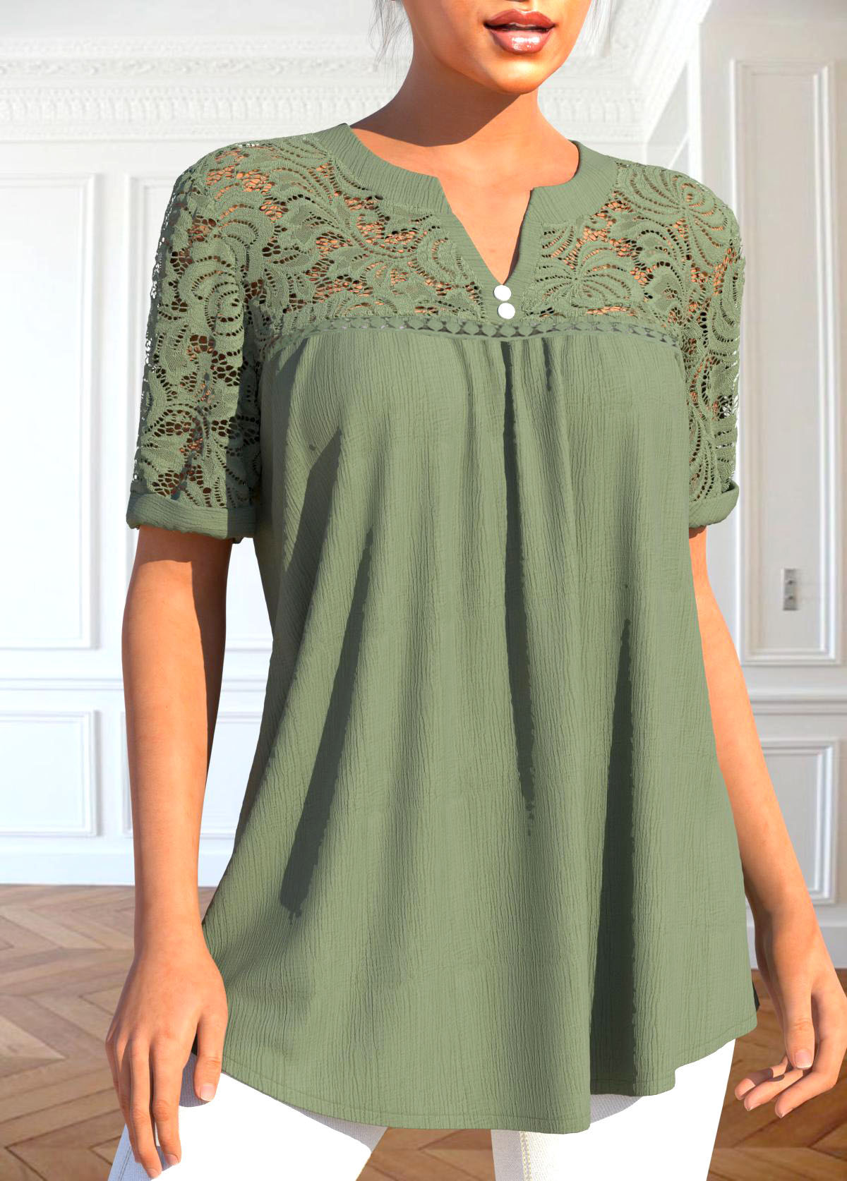 Sage Green tops,Plain Color tops,ROTITA Patchwork Sage Green Split Neck Short Sleeve Blouse