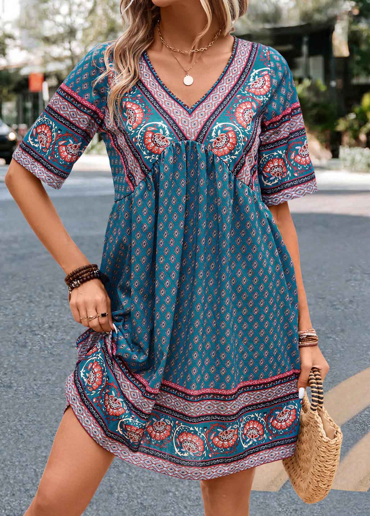 Ruched Paisley Print Turquoise A Line Dress