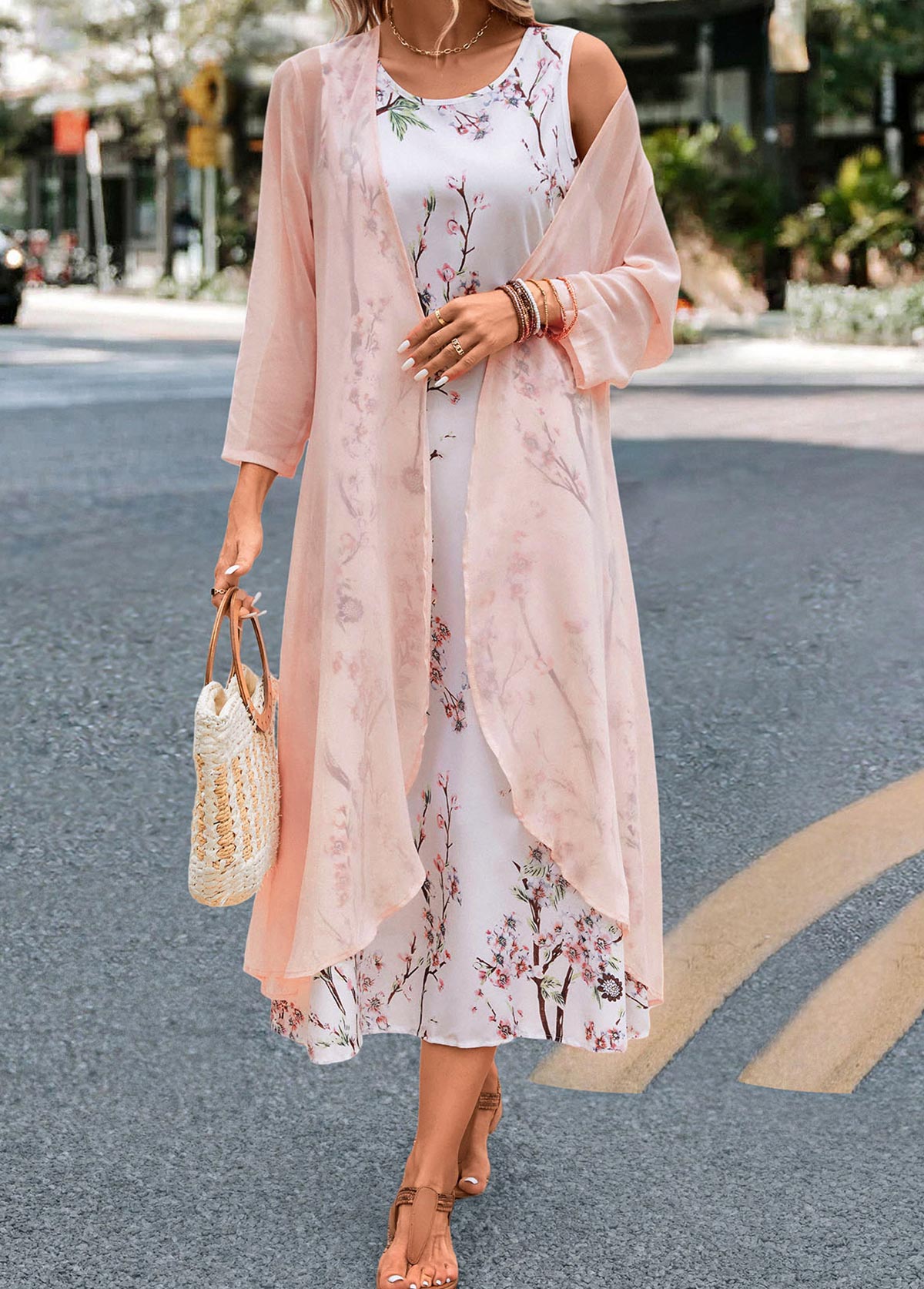 rotita deux pièces robe maxi rose à imprimé floral et cardigan