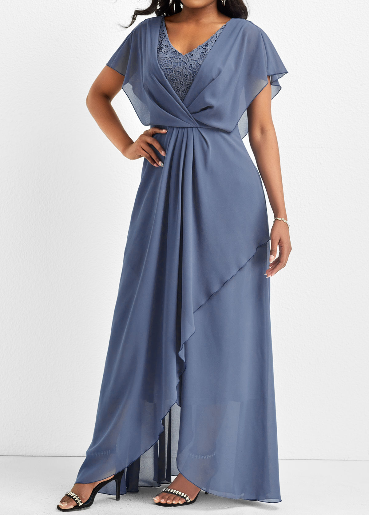 Dusty Blue dresses,Plain Color dresses,Party dresses,Elegant dresses,ROTITA Lace Dusty Blue V Neck Maxi Dress