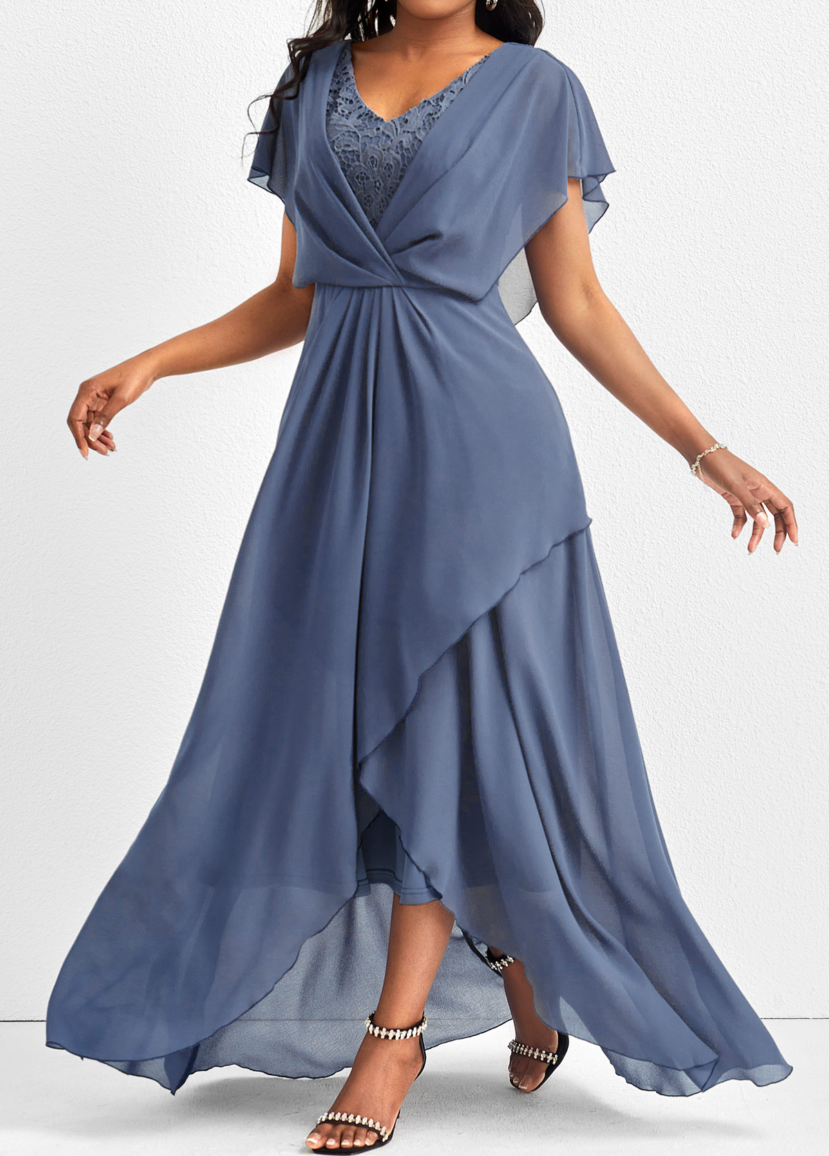 Dusty Blue dresses,Plain Color dresses,Party dresses,Elegant dresses,ROTITA Lace Dusty Blue V Neck Maxi Dress