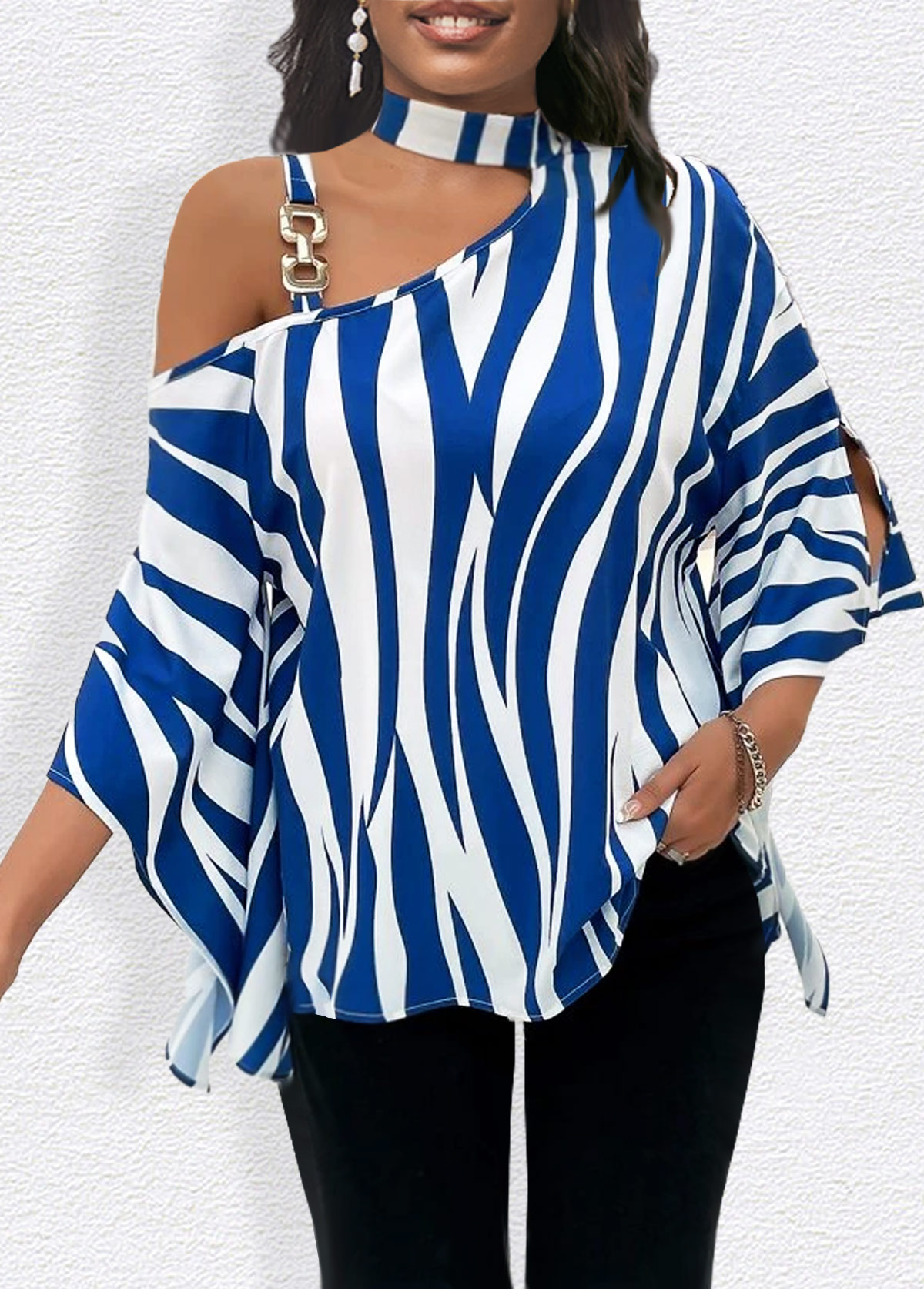 Blue tops,White tops,Animal Print tops,ROTITA Chain Zebra Stripe Print Blue T Shirt