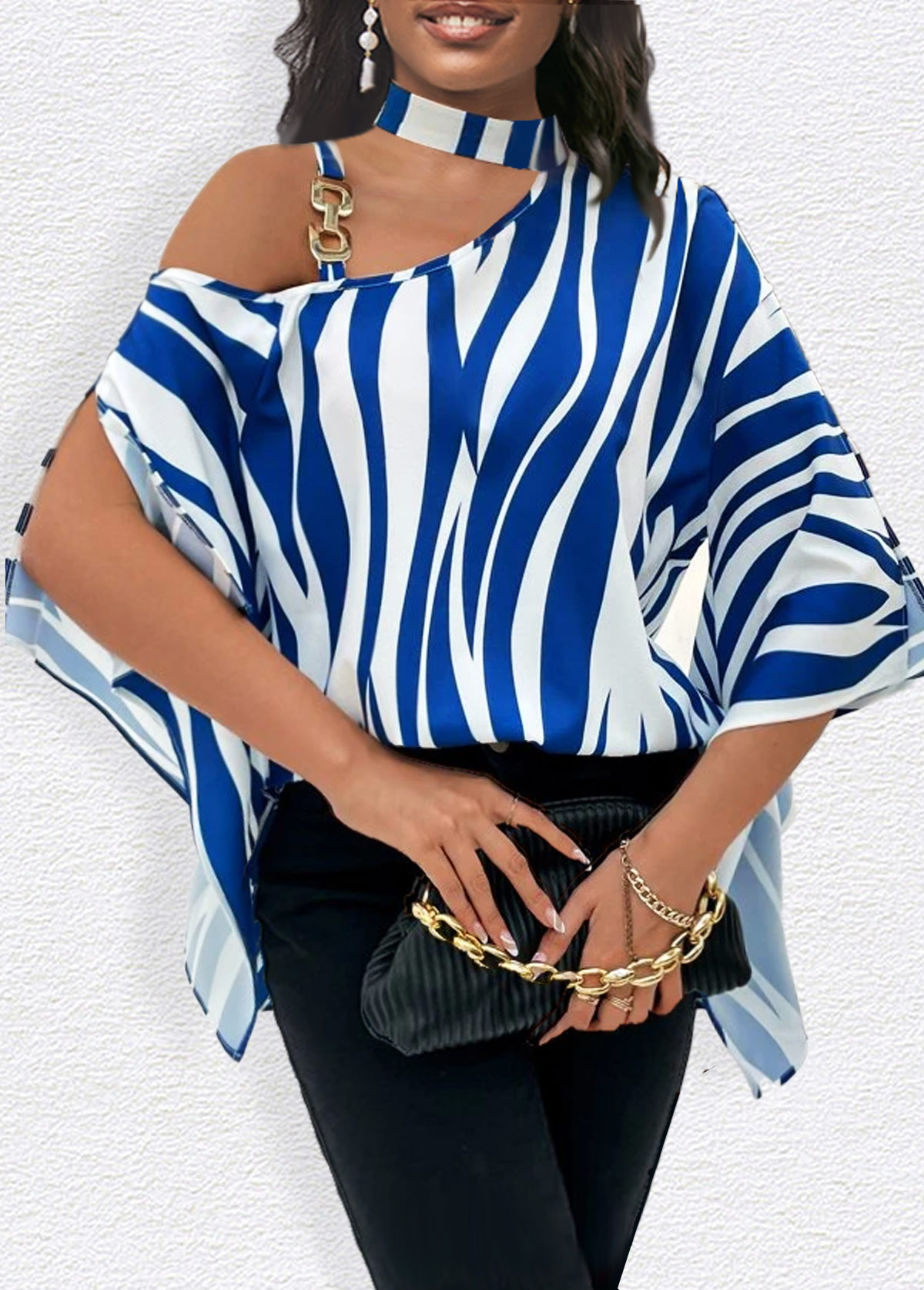 Blue tops,White tops,Animal Print tops,ROTITA Chain Zebra Stripe Print Blue T Shirt