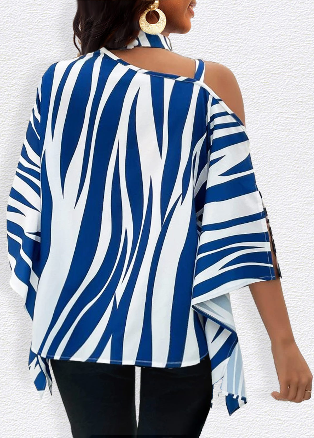 Blue tops,White tops,Animal Print tops,ROTITA Chain Zebra Stripe Print Blue T Shirt