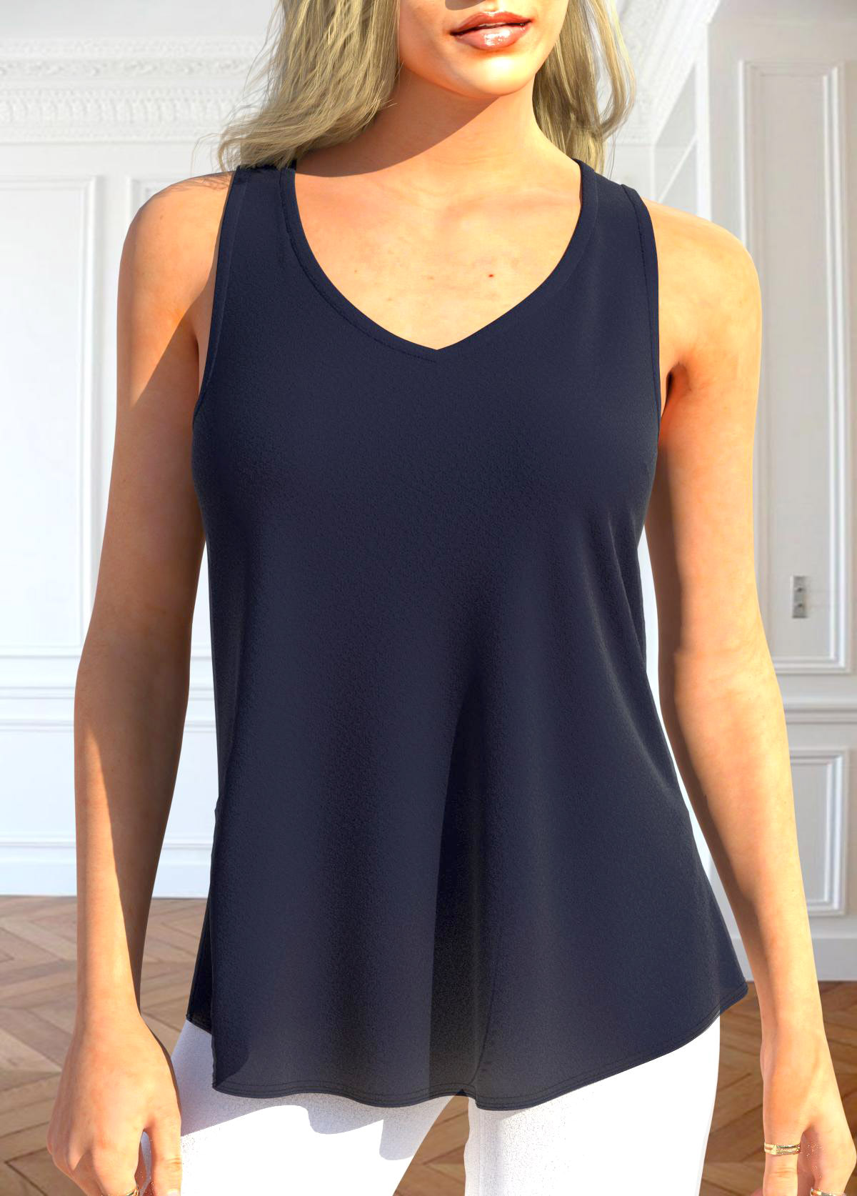 Navy tops,Plain Color tops,ROTITA Two Piece Navy V Neck Cardigan and Tank Top