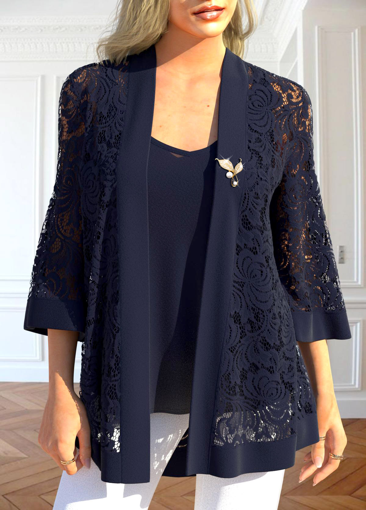Navy tops,Plain Color tops,ROTITA Two Piece Navy V Neck Cardigan and Tank Top