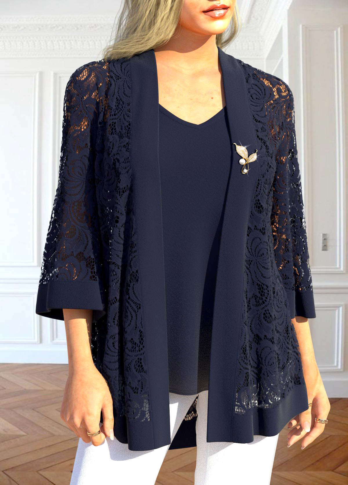 Navy tops,Plain Color tops,ROTITA Two Piece Navy V Neck Cardigan and Tank Top