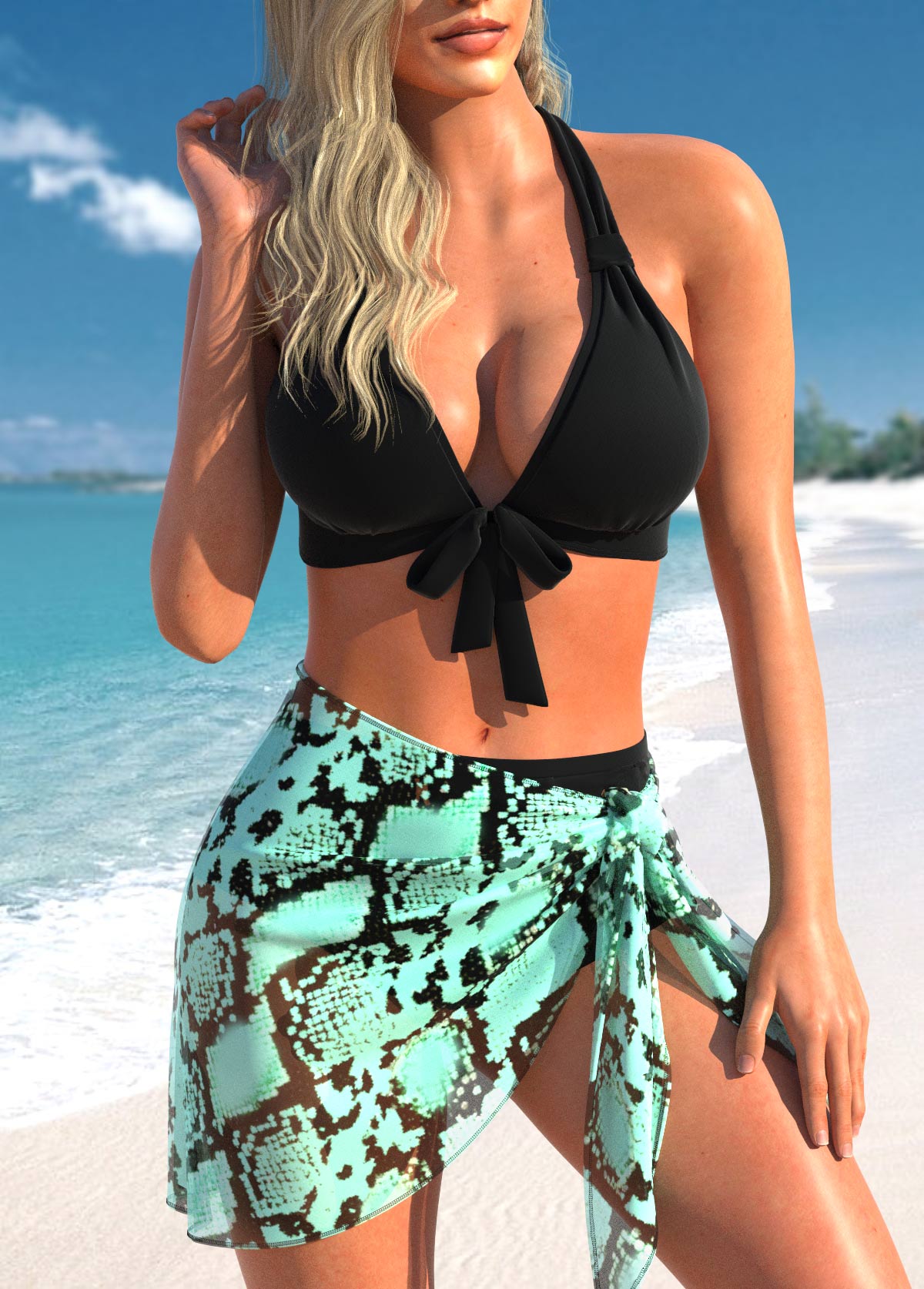 Rotita-Bikini-Set mit mittlerer Taille und schwarzem Schlangenleder-Print