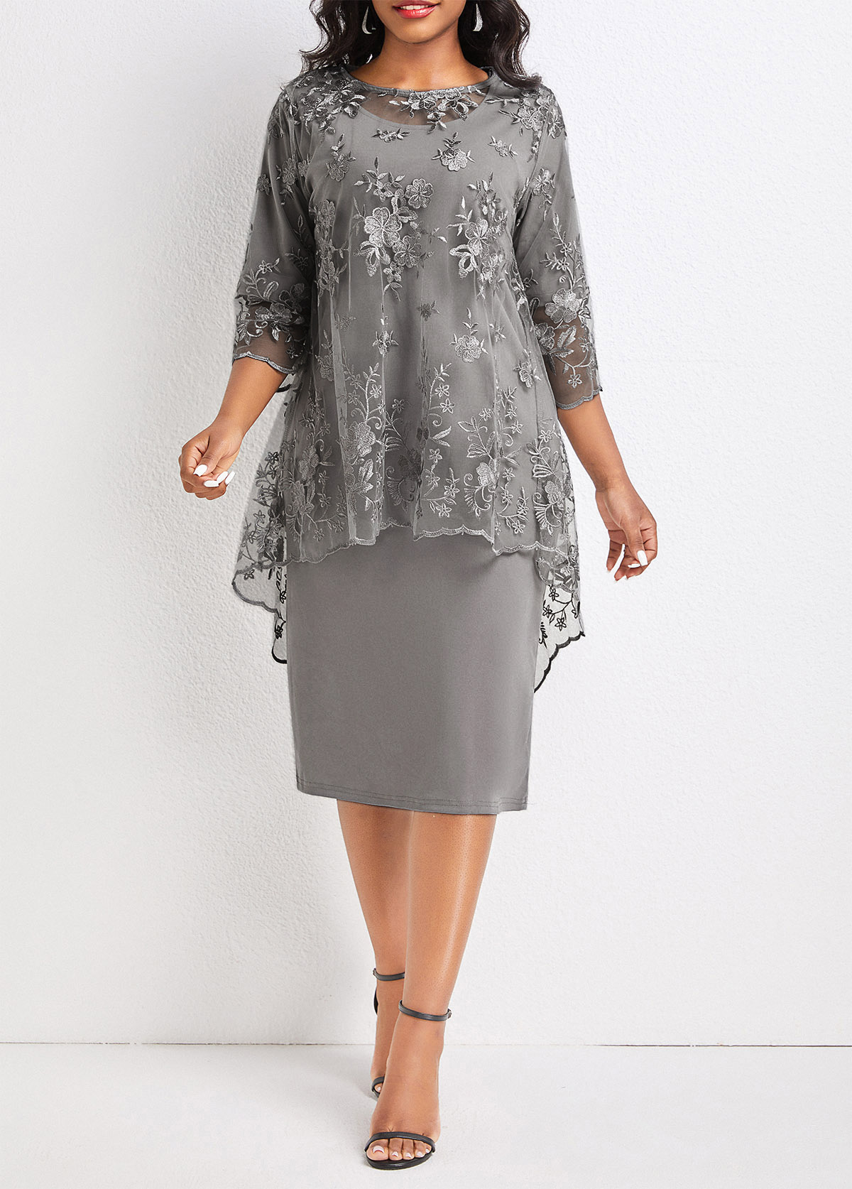 Two Piece Light Grey Lace Round Neck Dress