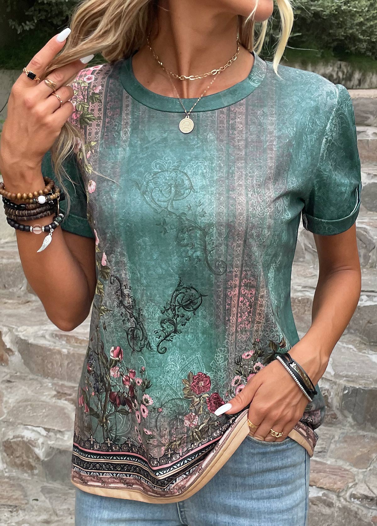 Floral Print Green Round Neck T Shirt