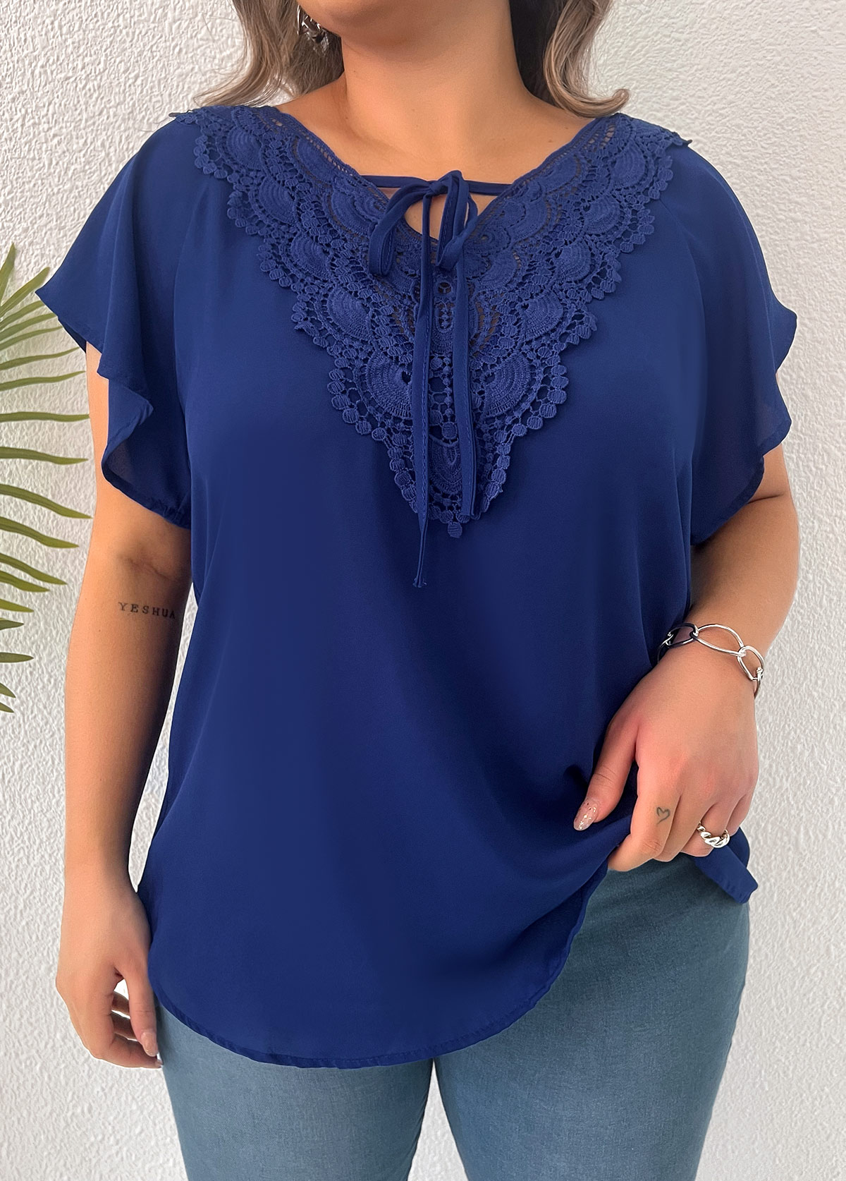 Plus Size Lace Dark Blue T Shirt