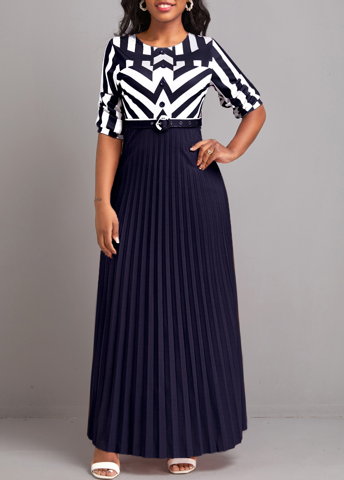 Navy dresses,White dresses,Geometric dresses,Striped dresses,ROTITA Button Geometric Print Pink Belted Maxi Dress