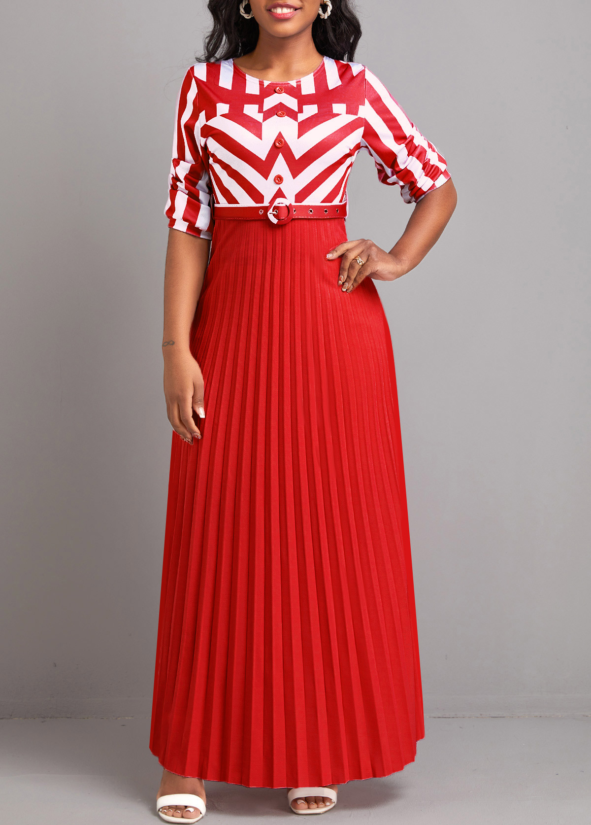Red dresses,White dresses,Geometric dresses,Striped dresses,ROTITA Button Geometric Print Pink Belted Maxi Dress