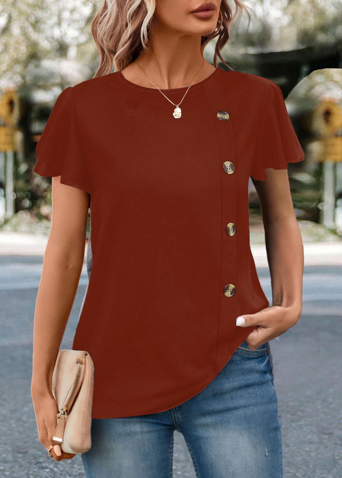 ROTITA Button Brick Red Round Neck T Shirt