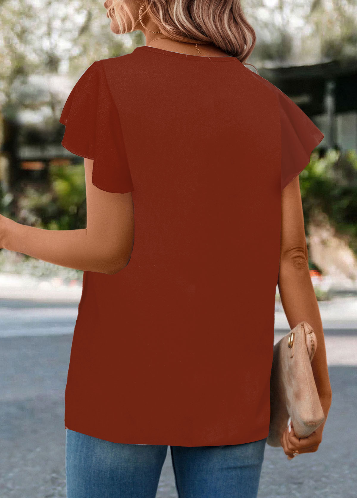 Brick Red tops,Plain Color tops,ROTITA Button Brick Red Round Neck T Shirt