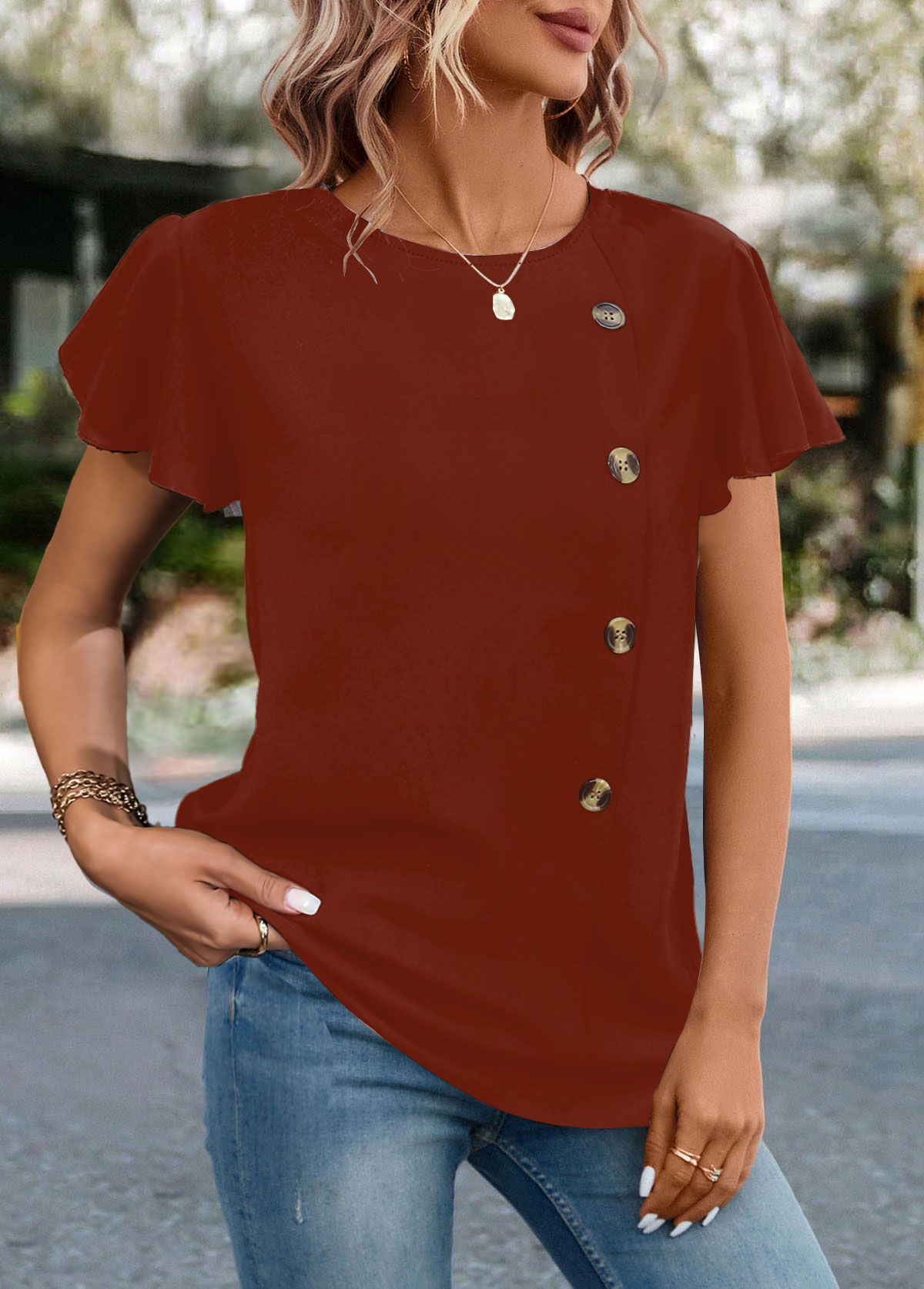Brick Red tops,Plain Color tops,ROTITA Button Brick Red Round Neck T Shirt