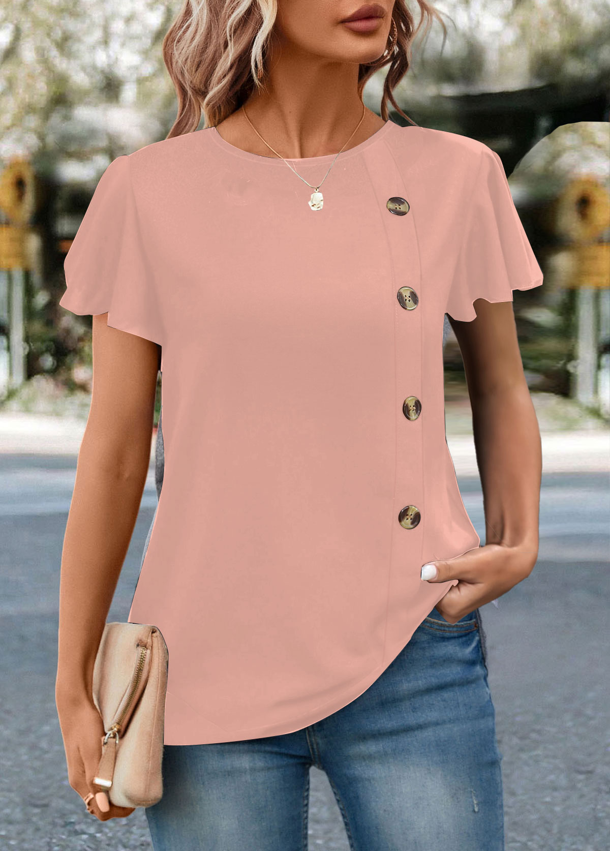ROTITA Button Pink Round Neck Short Sleeve T Shirt