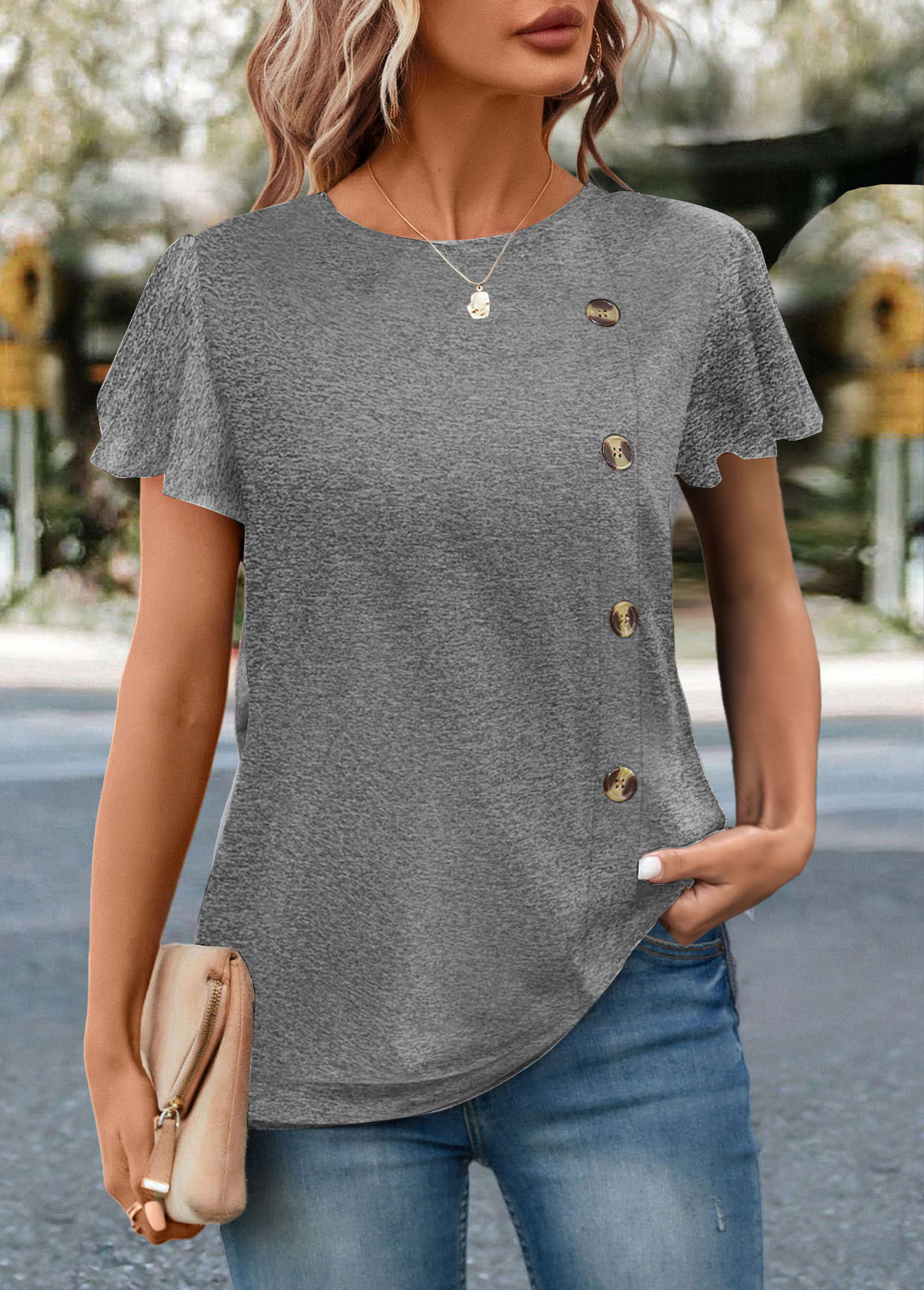 Grey tops,Plain Color tops,ROTITA Button Grey Round Neck Short Sleeve T Shirt
