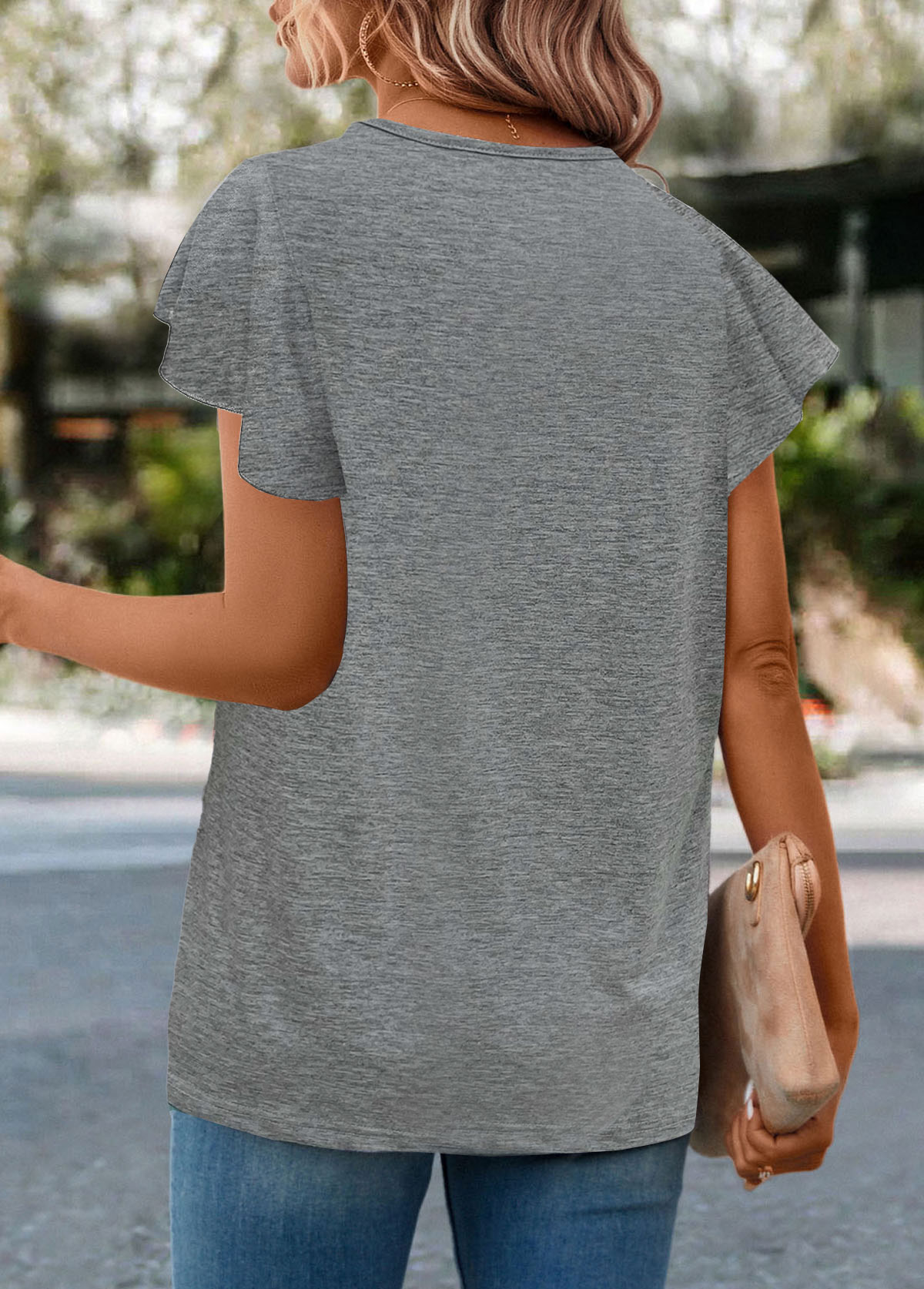 Grey tops,Plain Color tops,ROTITA Button Grey Round Neck Short Sleeve T Shirt