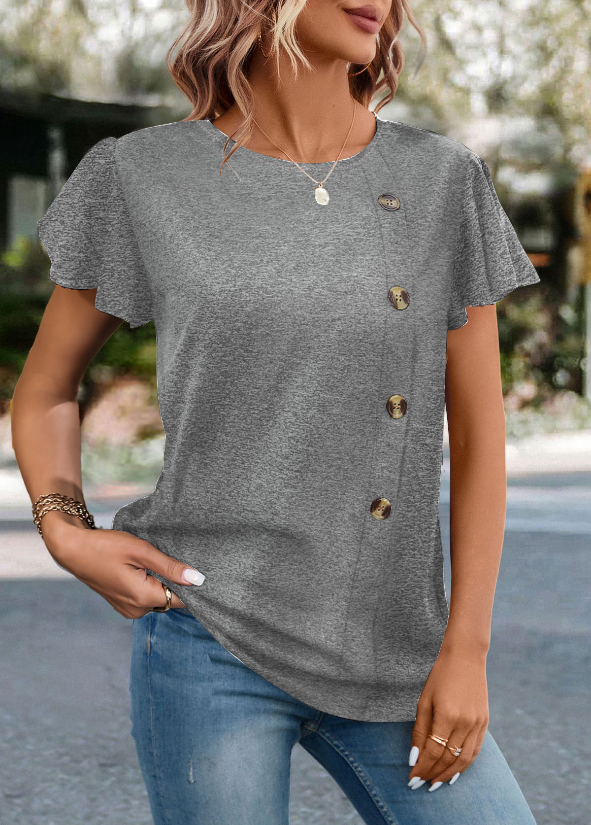 Grey tops,Plain Color tops,ROTITA Button Grey Round Neck Short Sleeve T Shirt