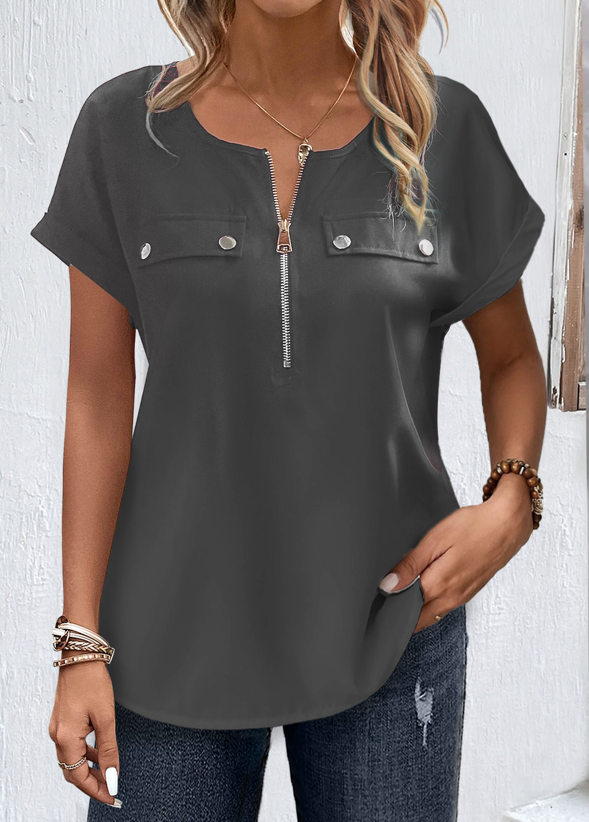 ROTITA Zipper Grey Round Neck Short Sleeve Blouse