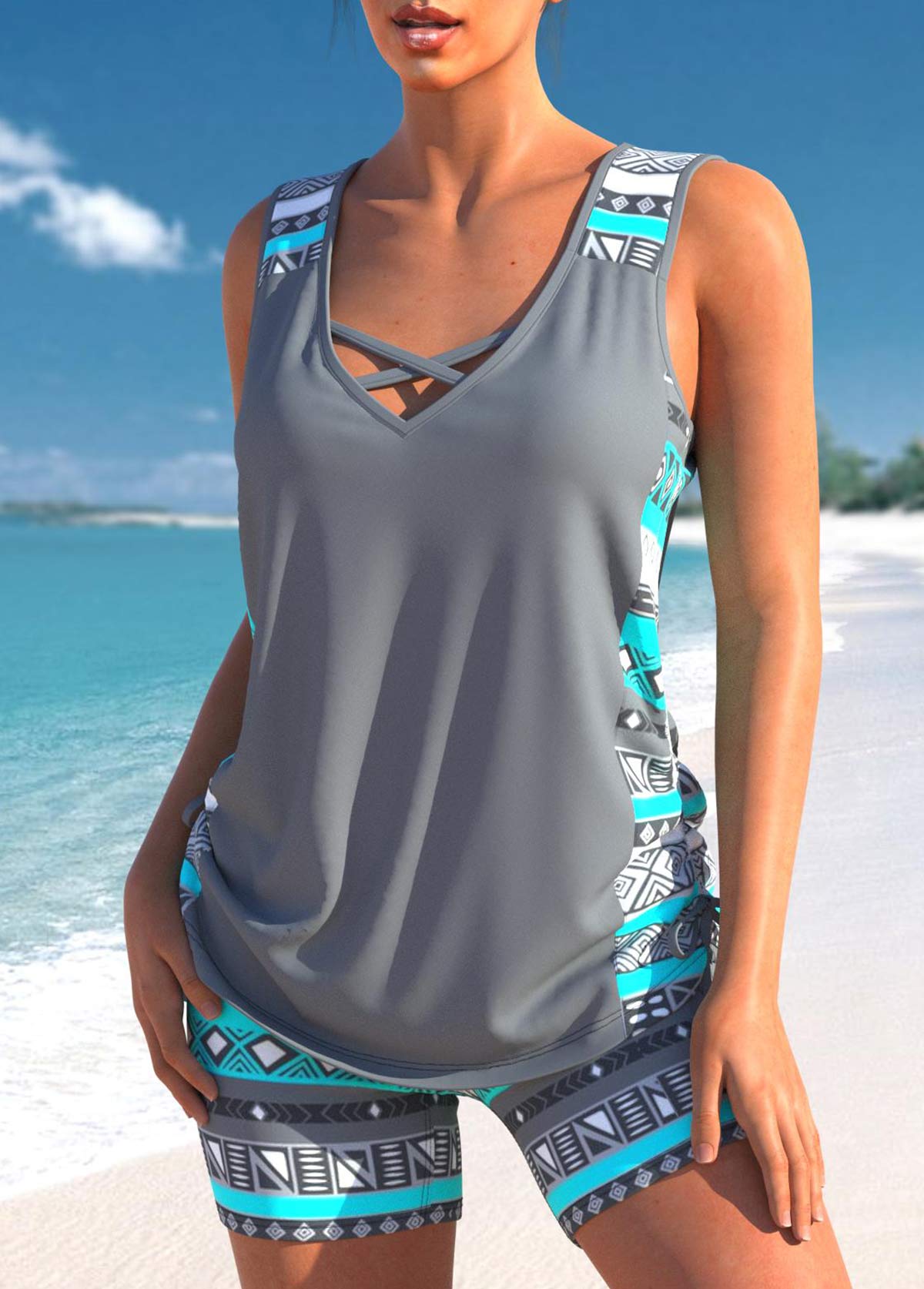 Grey swimwear,Tribal swimwear,Striped swimwear,ROTITA Drawstring Grey Tribal Print Mid Waisted Tankini Set