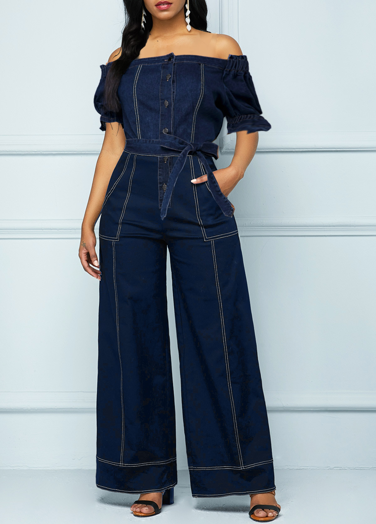 ROTITA Button Navy Belted Long Off Shoulder Jumpsuit