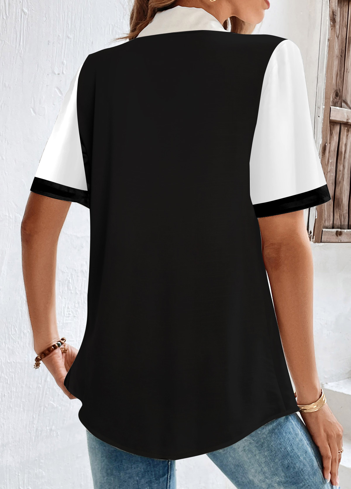 White tops,Black tops,Striped tops,Geometric tops,Contrast Color tops,ROTITA Button Striped White Shirt Collar Short Sleeve Blouse