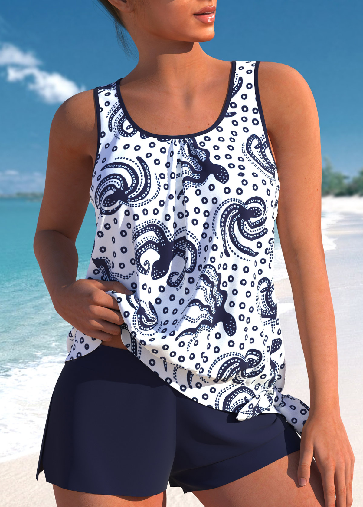 ROTITA Bowknot Navy Marine Life Print Tankini Set