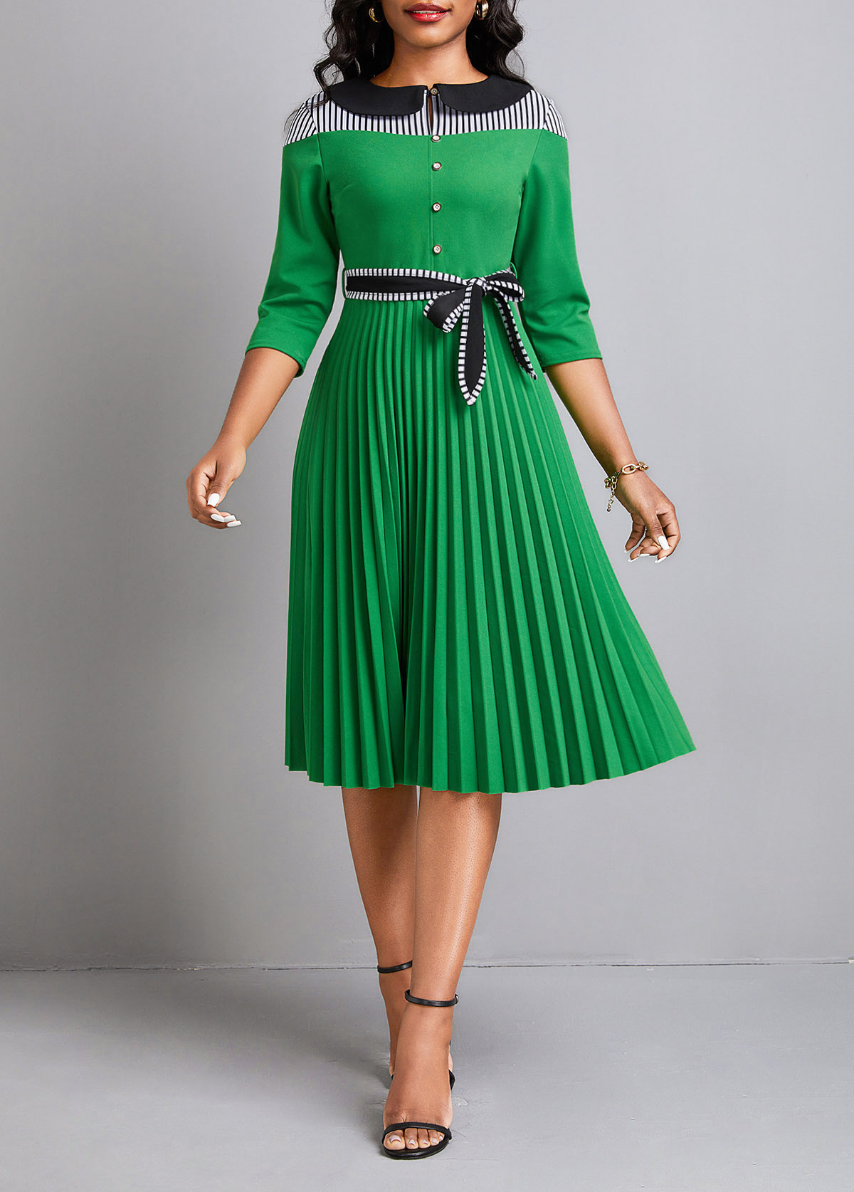 ROTITA Pleated Striped Green Belted Peter Pan Collar Dress