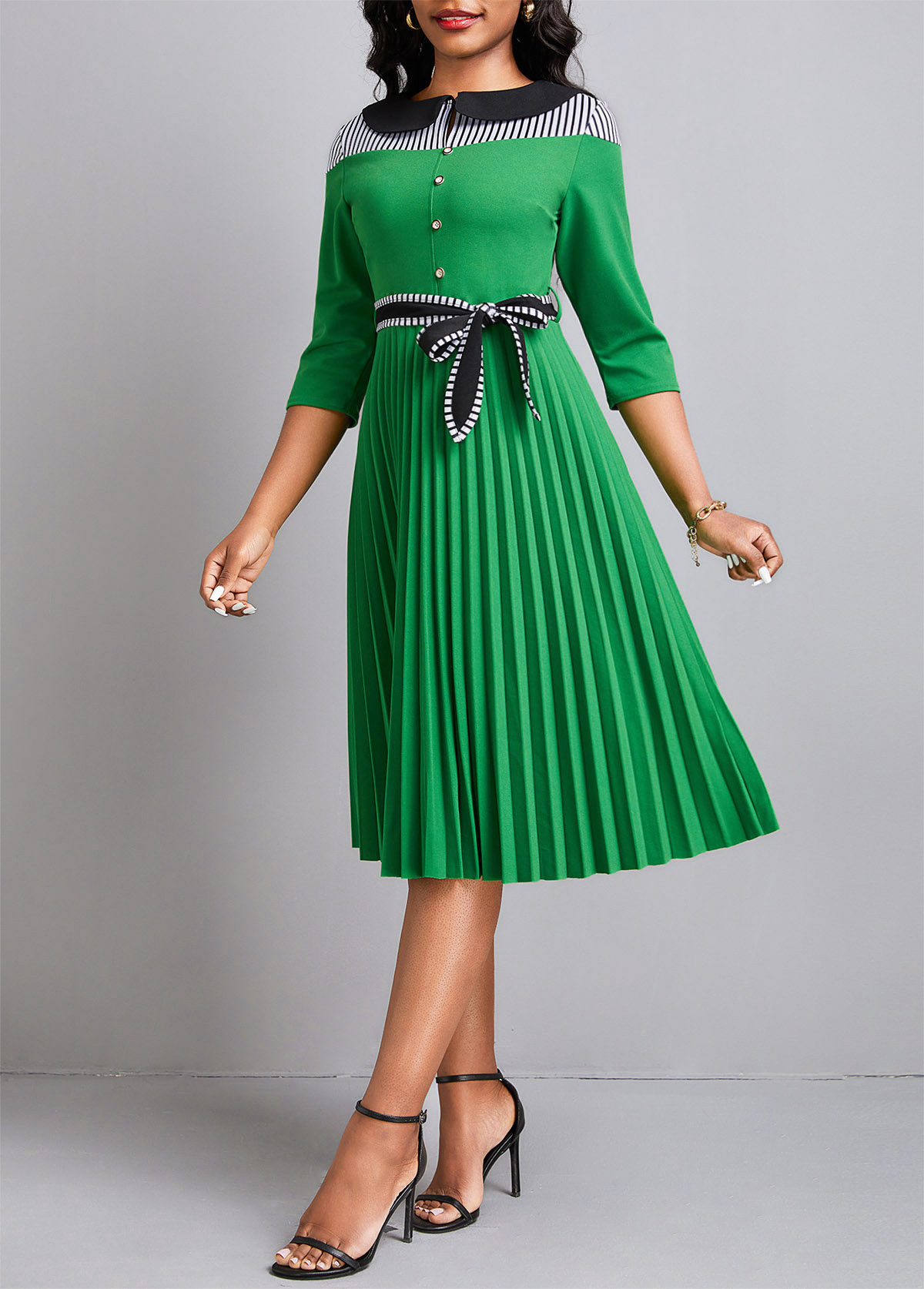 ROTITA Pleated Striped Green Belted Peter Pan Collar Dress | Rotita.com ...
