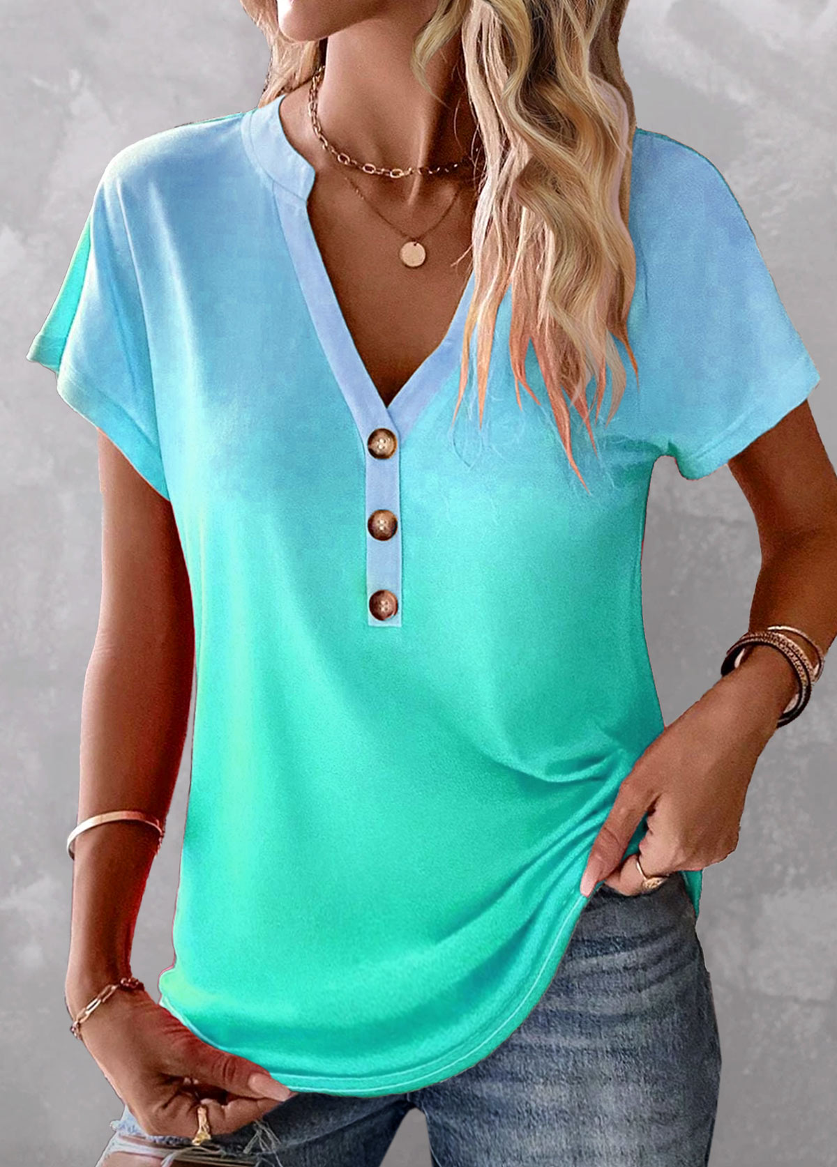 ROTITA Button Ombre Mint Green Split Neck T Shirt | Rotita.com - USD $27.98