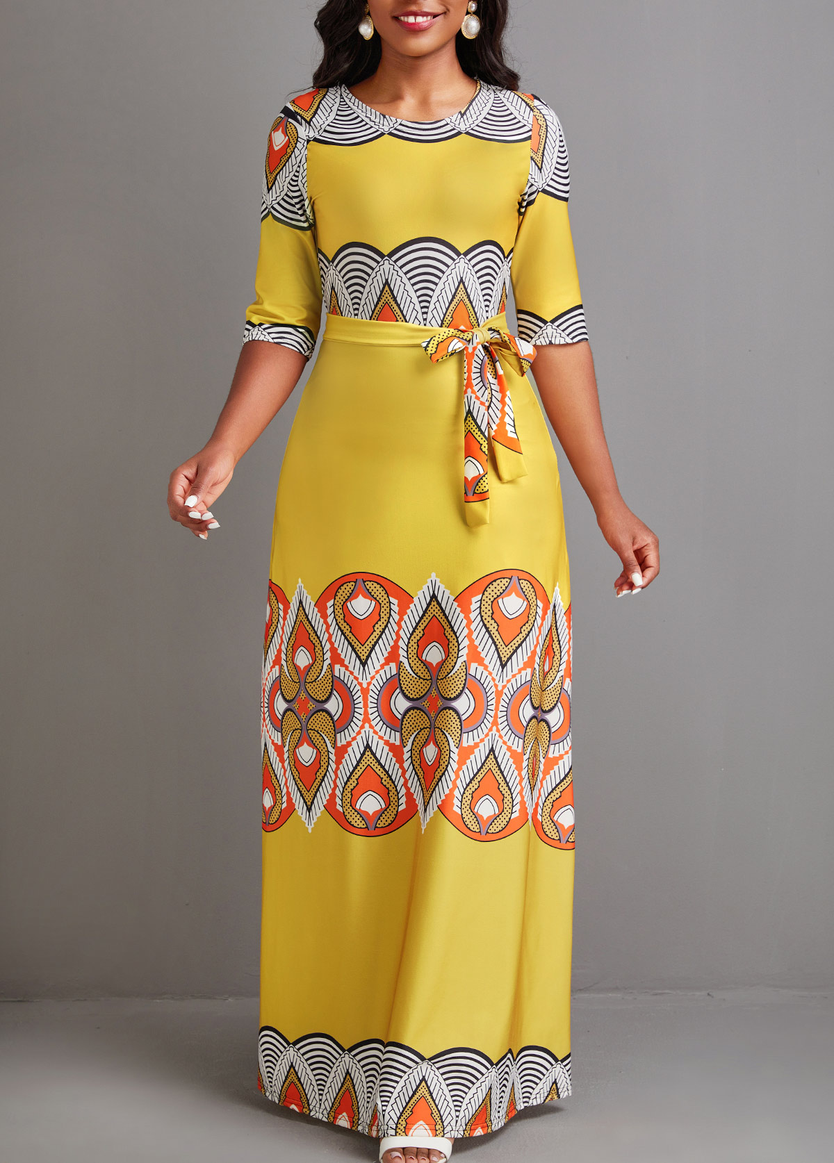 rotita cravate imprimé tribal africain jaune robe maxi ceinturée